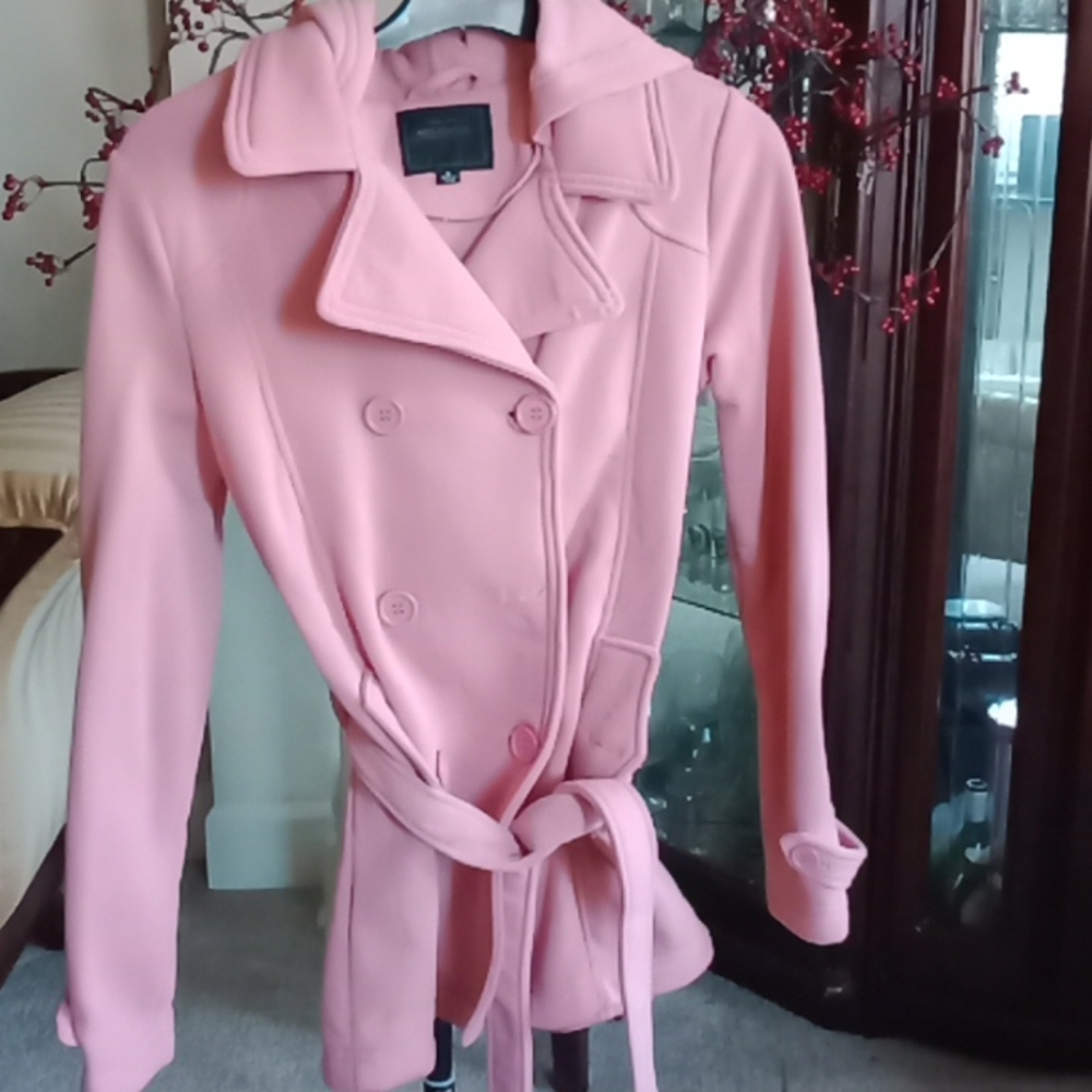 Double Breasted Pink Peacoat w Hoodie Miss London Medium